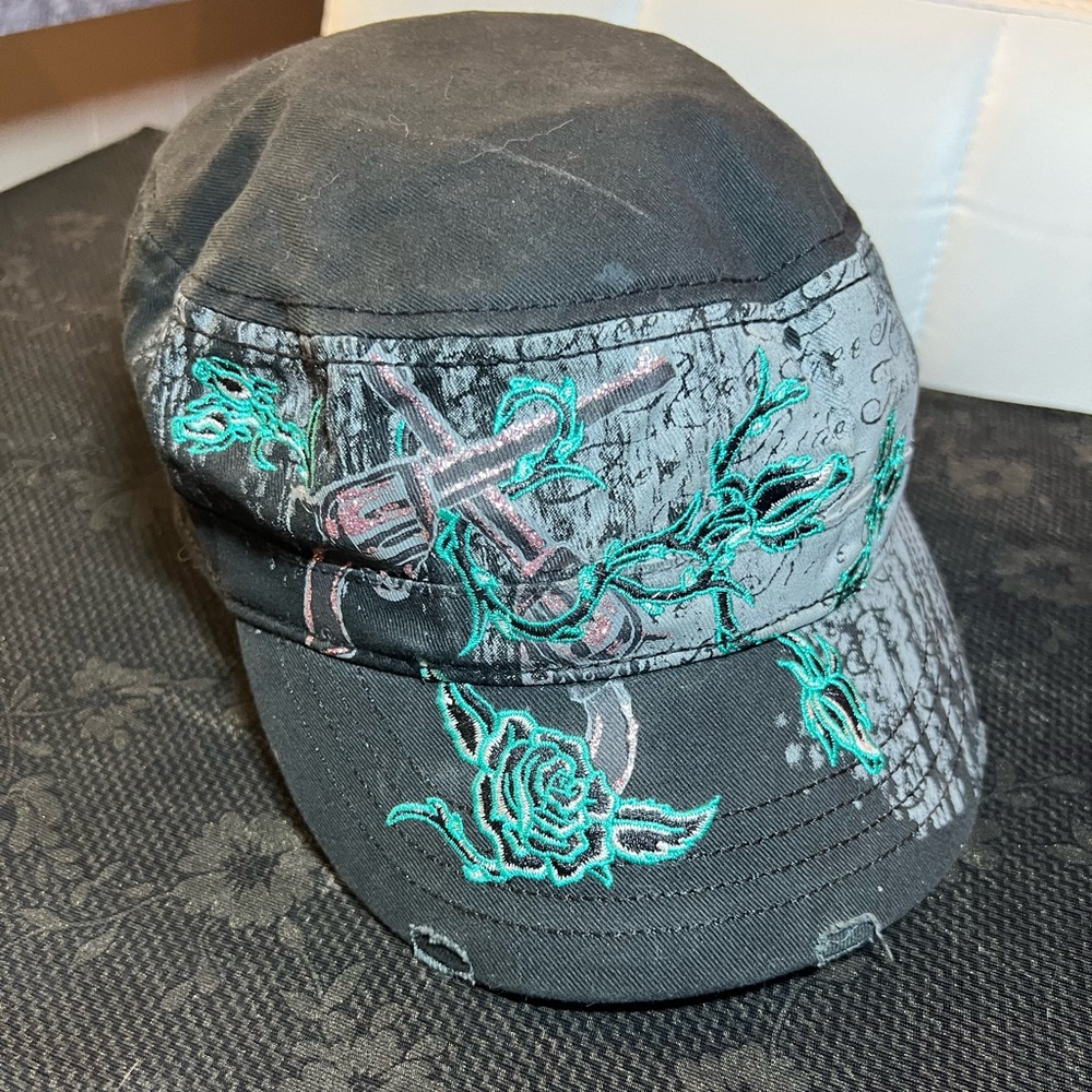 Hat- Cadet Style Embroidered w/Guns & Roses Adjustable